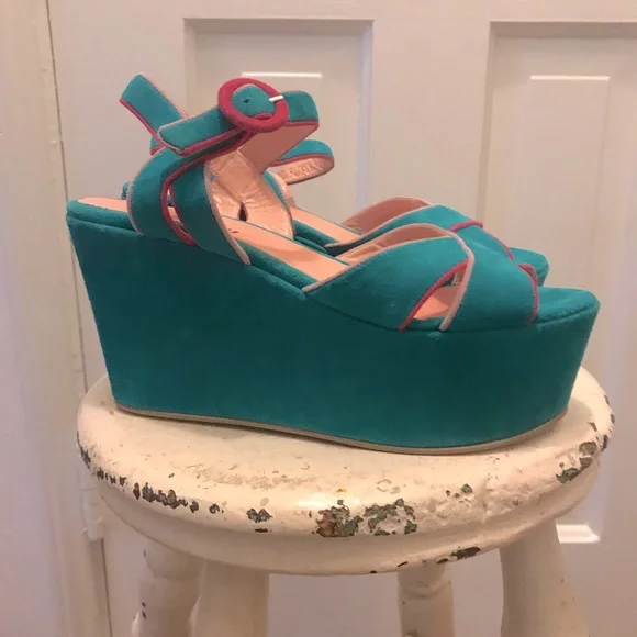 Studio Pollini Turquoise Suede Platform Sandals, size 38, made in Italy