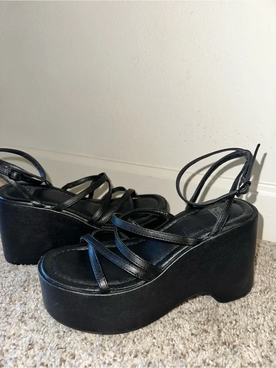 Black Platform Strappy Wedge Sandals - Women