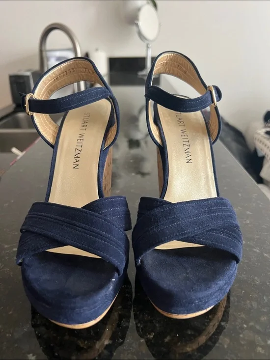 Stuart Weitzman Navy Suede Platform Heels with Ankle Strap