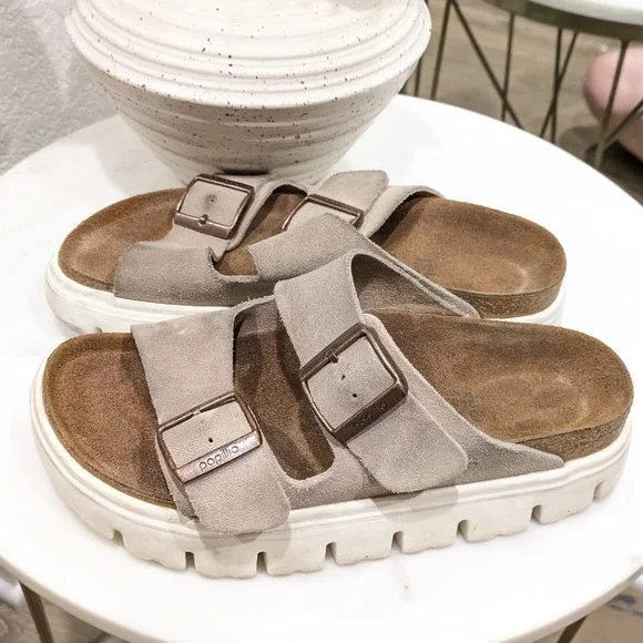 Papillio Birkenstock Arizona Grooved Sandals Women 37 Taupe Suede Platform