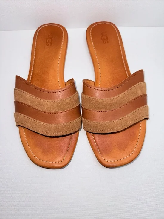 UGG XIMENA  Brown & Tan Leather Slide Sandals