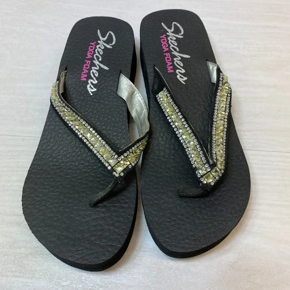 Skechers Womens 9 Platform Flip Flops Yoga Foam Rhinestone Black Wedge Sandals