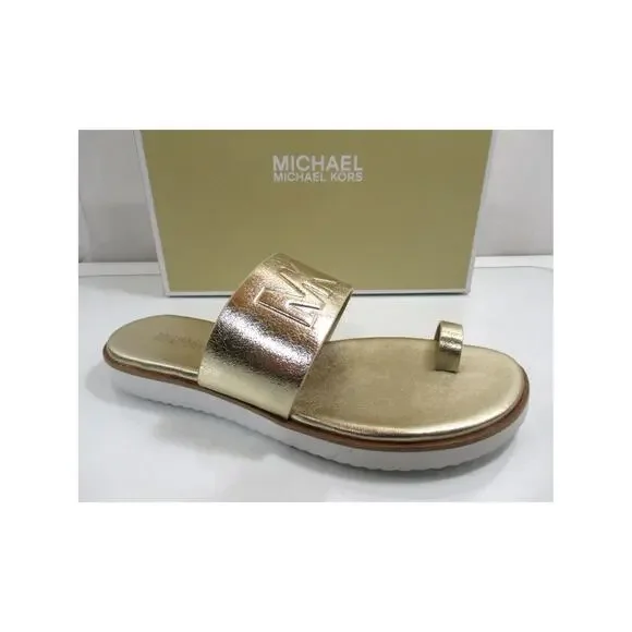 Michael Kors Rosa Metallic Slide Toe Ring Flat Sandal MK Logo Pale Gold Size 8.5