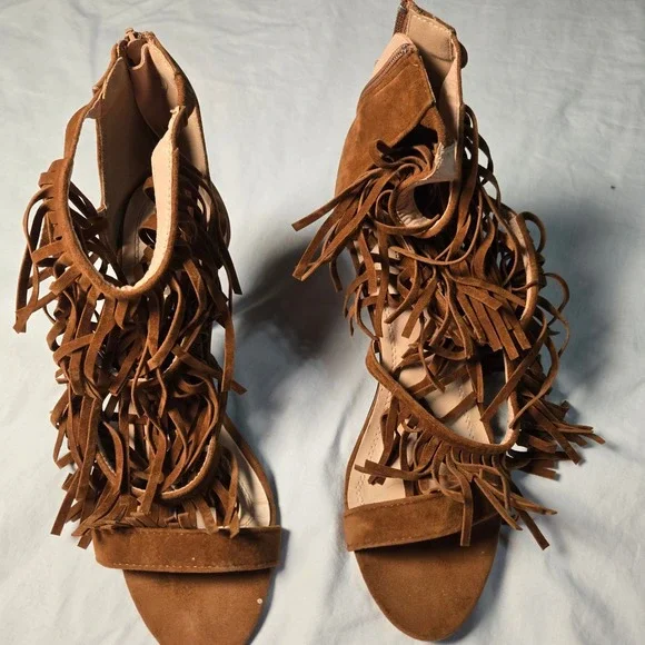 Chase & Chloe Brown Fringe Stiletto Sandals Open Toe Back Zip Heels‎ Size 10