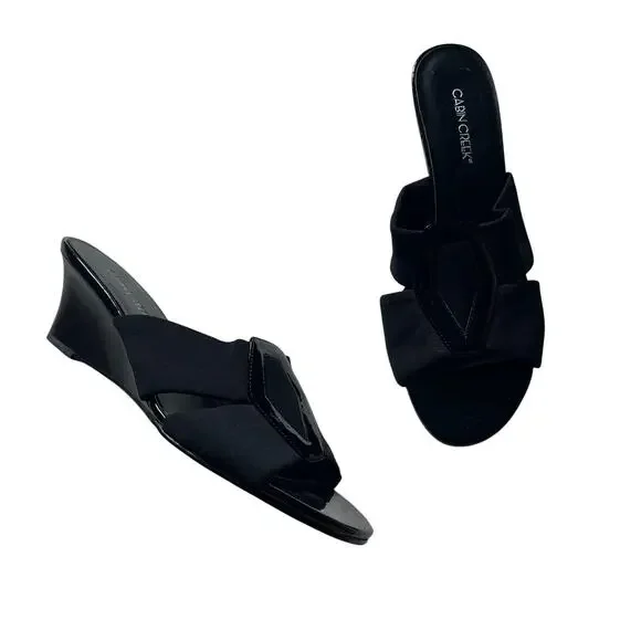 Black Open Toe Kitten Heel Wedge Sandals Sz 9 Y2K 2000s Grunge Summer Goth