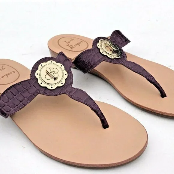 Jack Rogers Larissa Lilah Leather Thong Sandal 8.5 purple Logo Croc Embossed