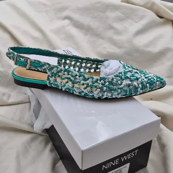 NEW Nine West Women's Soel Slingback Pointed Toe Flats woven design Green Sz 6.5