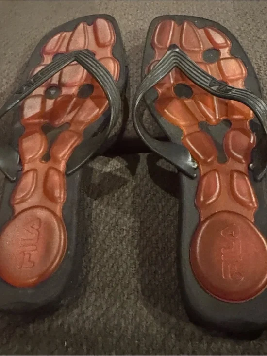 Fila Women's Black Strappy Sandals with Brown Footbed-6 1/2