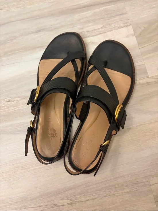 Cole Haan Black Leather Strappy Sandals with Gold Buckle Size 7