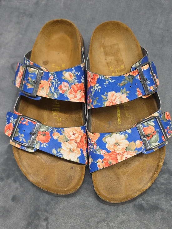 Papillio By Birkenstock  Floral Double-Buckle Blue Slide Sandals Sz 39 (8)