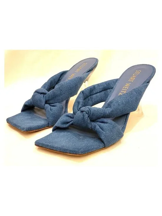 Stuart Weitzman Blue Denim Knot Mule Sandals Lucite Clear Heel Size 8.5 B