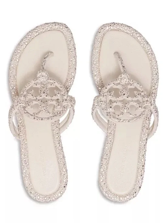 Tory Burch Ivory Crystal-Embellished Logo Thong Sandals