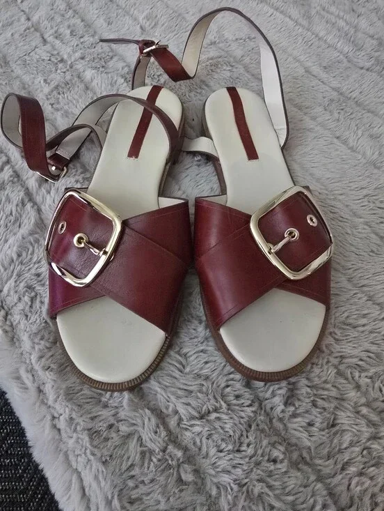 Women's Red Leather Buckle Slide Sandals Sz.38