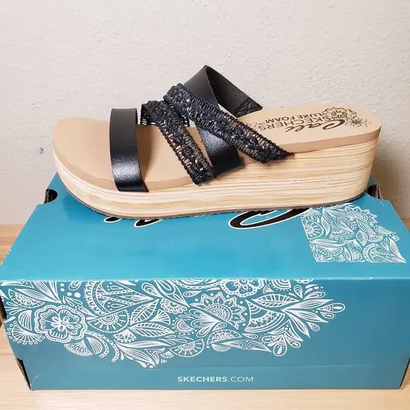 Skechers Size 8.5 Summers Strappy Platform Slide Sandal Black Chunky Comfort NWT