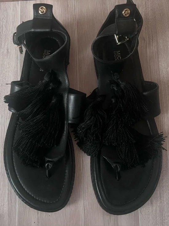 MICHAEL Michael Kors Black Leather Tassel Thong Sandals
