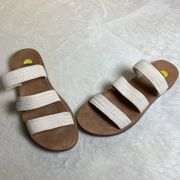 Maui‎ Island Womens Triple Strap Woven Slide Sandals Cream Brown Size 9M