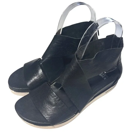 Eileen Fisher Sandals Women 6 Black Leather Platform Wedge Zip Back Gladiator