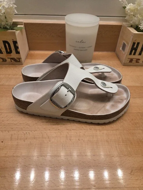 Birkenstock Gizeh Big Buckle Sandals White Leather Women's Sz 39