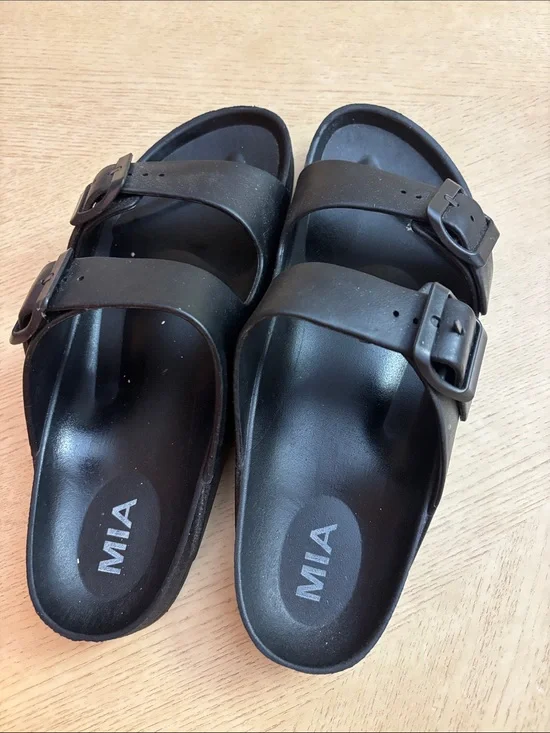 MIA Black Double-Buckle Slide Sandals