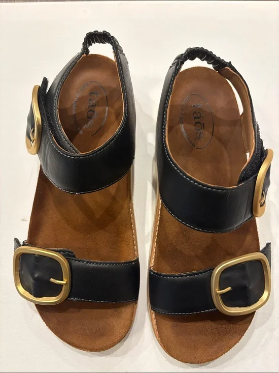 Taos On the Double Black Leather Sandals with Gold Buckles