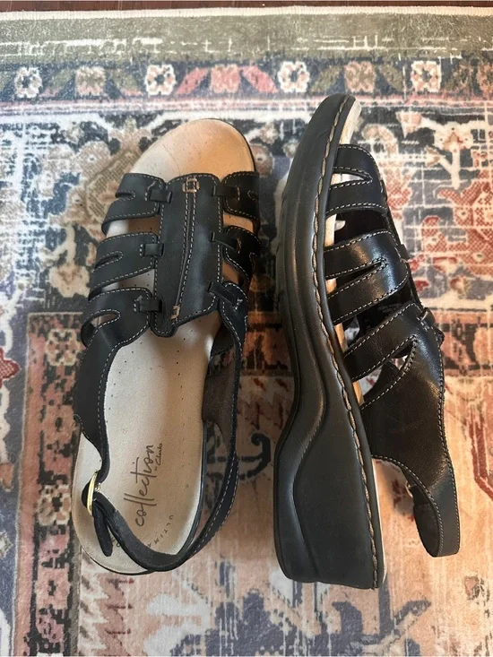 Clarks Black Leather Strappy Sandals