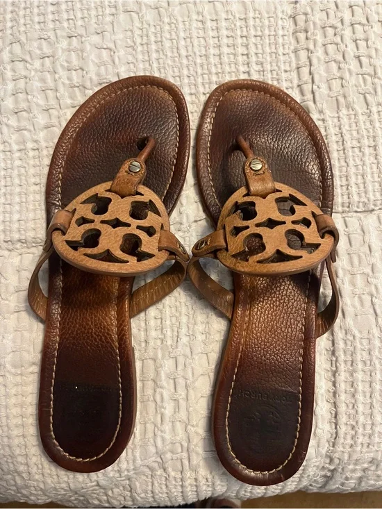 Tory Burch Brown Leather Logo Cutout Thong Sandals