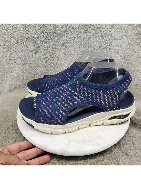 Skechers Womens Size 9 Catchy Wave Arch Fit Navy Rainbow Knit Sandals *Read*