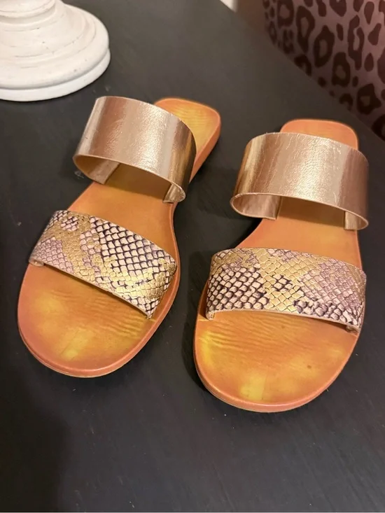 BAMBOO Metallic Gold Snake-Print Double Strap Slide Sandals