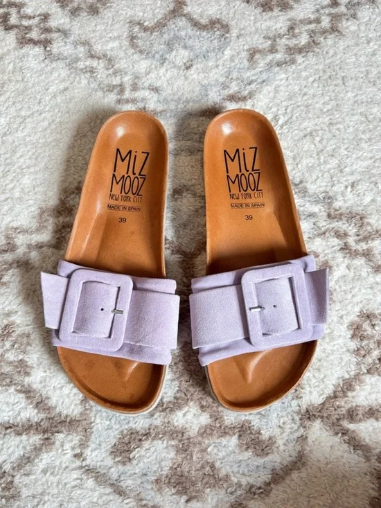 Miz Mooz Leather Buckle Sandal Slip-On Cushioned Footbed Purple Strap Summer