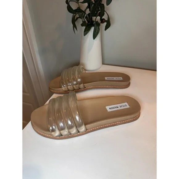 Steve Madden Clear Puffy Multi Strap Flat Slide Sandals Tan Nude Womens Size 7