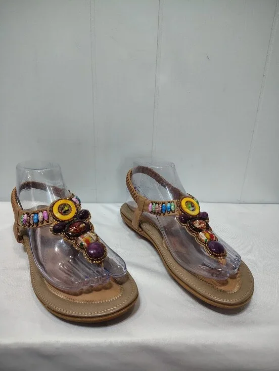 Siketu‎ Sandal Tan size 6.5 37 Bohemian Vacation Beach Jeweled Slingback
