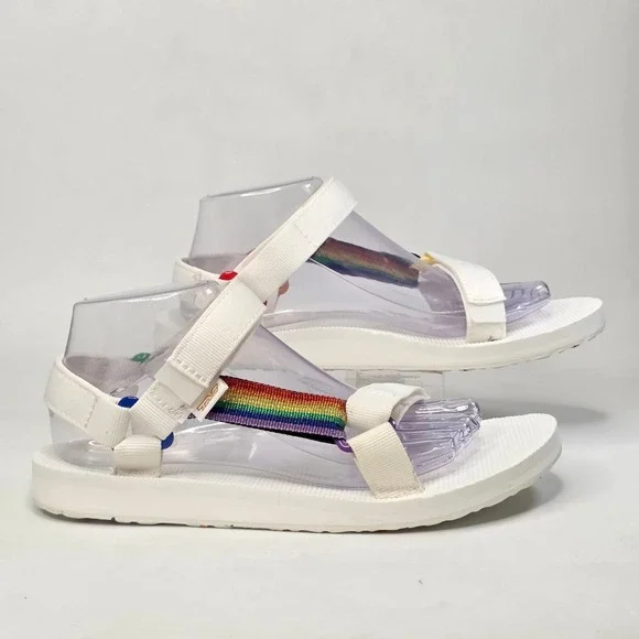 Teva Original Universal Pride Sandals Women's Size 9 White Rainbow Straps Shoes