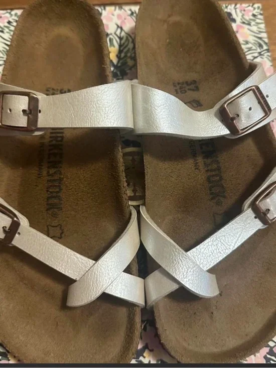 Birkenstock White Pearl Iridescent Leather Sandals - Women's Double Strap