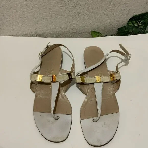 SALVATORE FERRAGAMO Leather Flat Sandals white thong gold accents 9.5 B