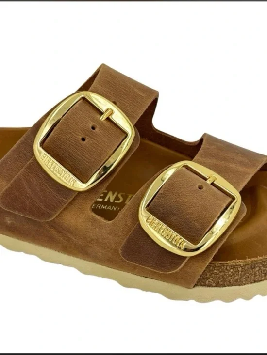 Birkenstock Arizona Double Strap Sandal in Brown with Gold Buckles