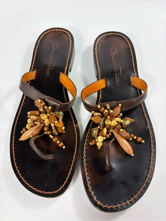 Oscar de la Renta Beaded Brown Leather Toe-Post Sandals. Fabulous!