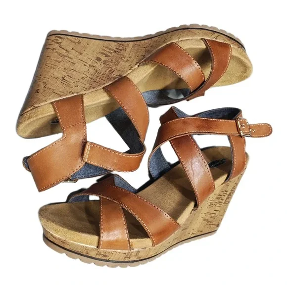 Dr. Scholl's Savory Wedge Sandals Womens Size 9M Brown Leather Ankle Strap EUC