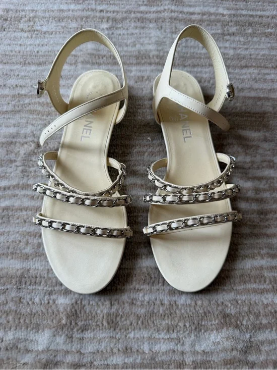 CHANEL Cream Leather Sandals with Silver Chain Straps and silver heel