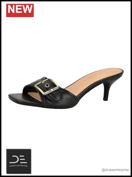 Faux Leather Kitten Heel Sandals with Buckle Strap, Slip-On Square Toe