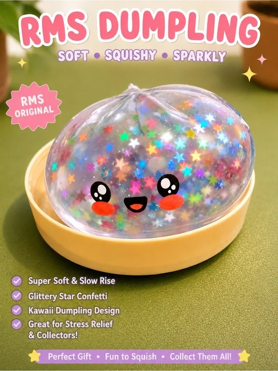 Dumpling Squishy Toy - Clear with Multicolor Star Confetti