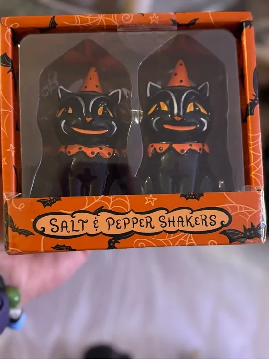 Johanna Parker Halloween Black Cat Salt & Pepper Shakers Orange Accents NWT! 🐈‍⬛