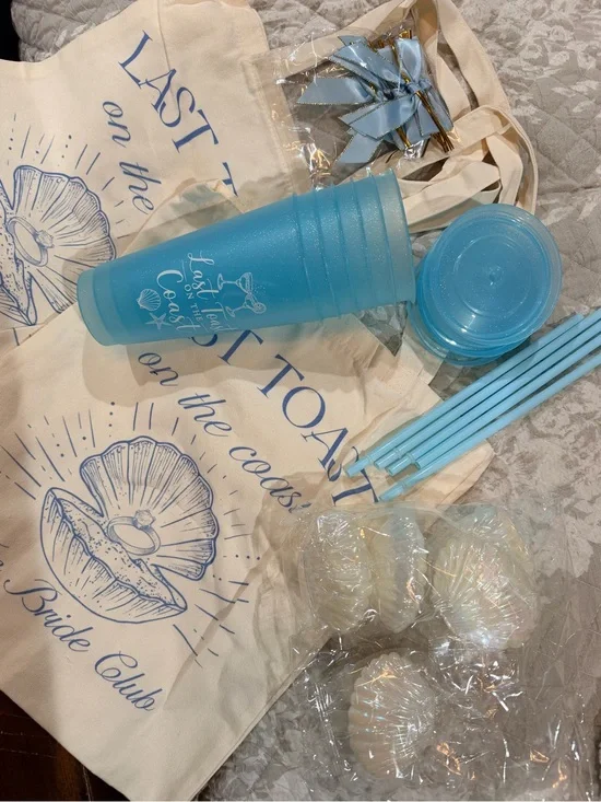 BACHELORETTE Coastal Light Blue Party Cup Set with Straws, seashells  and Totes
