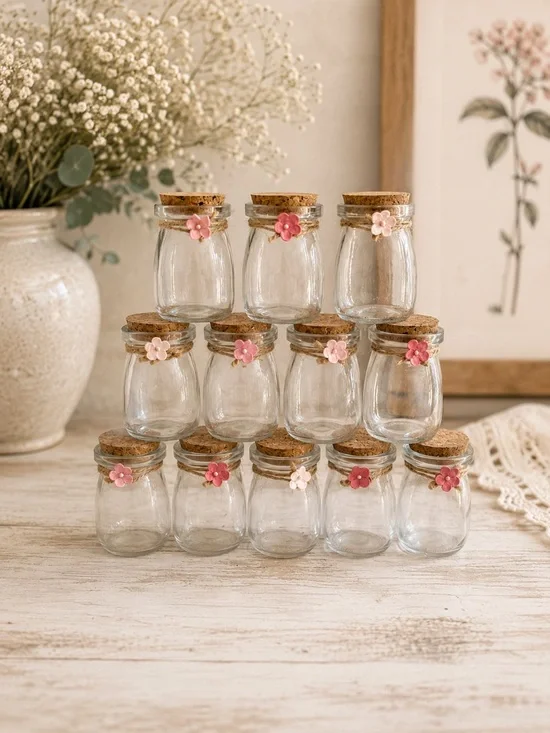 Mini Cork Mason Jar Party Favor Jars Set With Pink Flower Accents