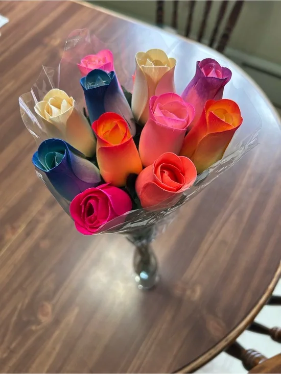 Multicolor Rainbow Rose Bouquet - Thin wooden Decorative Party Flowers 1 Dozen