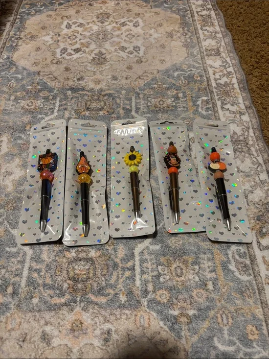 Assorted Fall-Themed Decorative Ballpoint Pens with Bead Toppers - Pack of 5