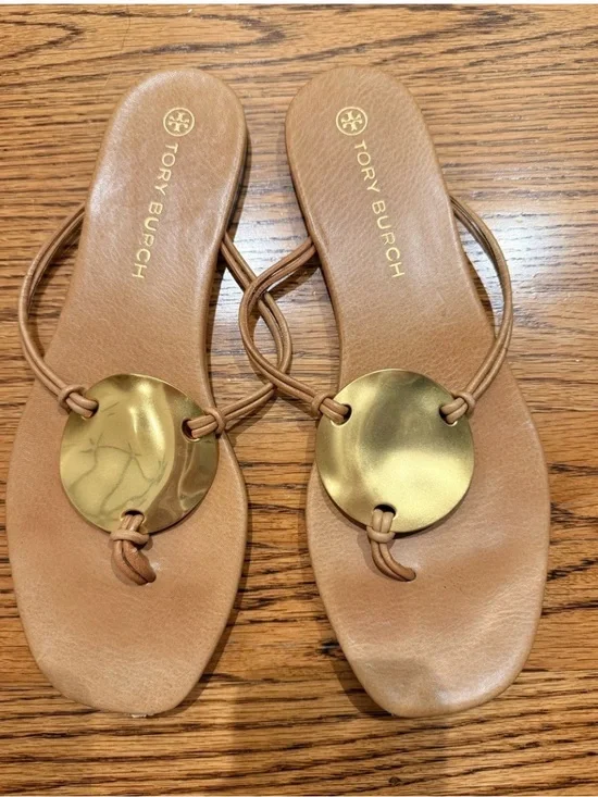 Tory Burch Tan Leather Thong Sandals with Gold Disc