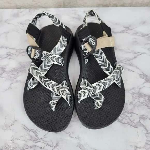 Chaco Women's Black Sandals with White Chevron Straps and Tan Accent