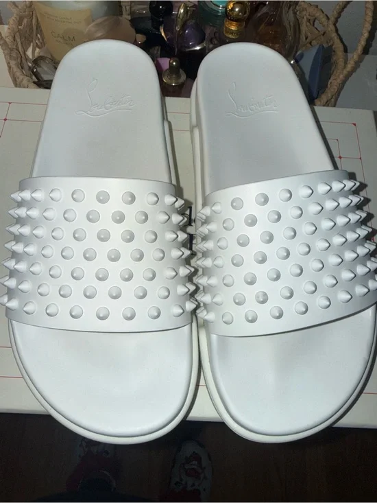 Christian Louboutin White Spike-Stud Slide Sandals - All-White Rubber Slides