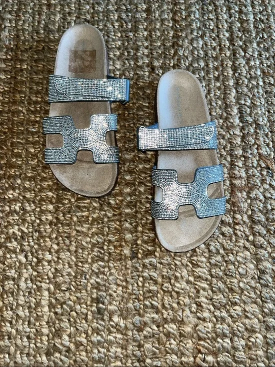 Madden Girl Silver Sparkle Velcro Double-Strap Slide Sandals Bling Sz 9