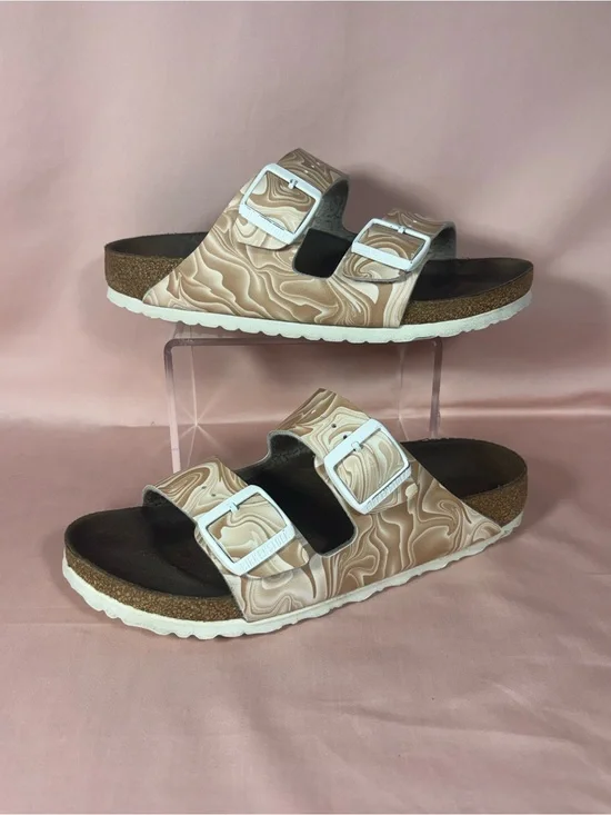 Birkenstock Arizona Birko-flor Marble Swirl Tan/White Sandals W's 38/US 7 - 7.5